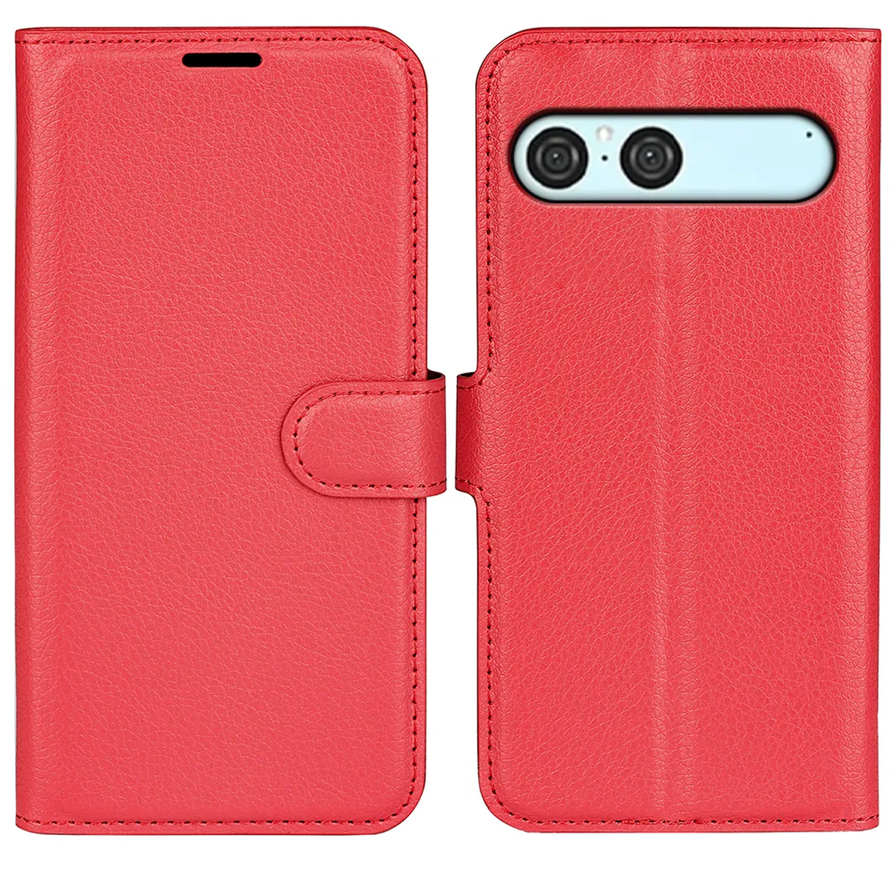 Un étui de téléphone en cuir rouge avec rabat et fermeture magnétique. L'étui est ouvert, révélant les lentilles de l'appareil photo et l'écran du téléphone.