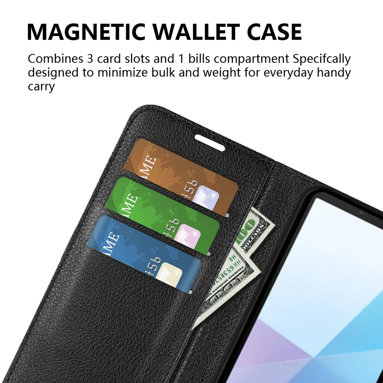 Étui portefeuille noir avec trois emplacements pour cartes contenant des cartes colorées et un billet, avec un téléphone visible.