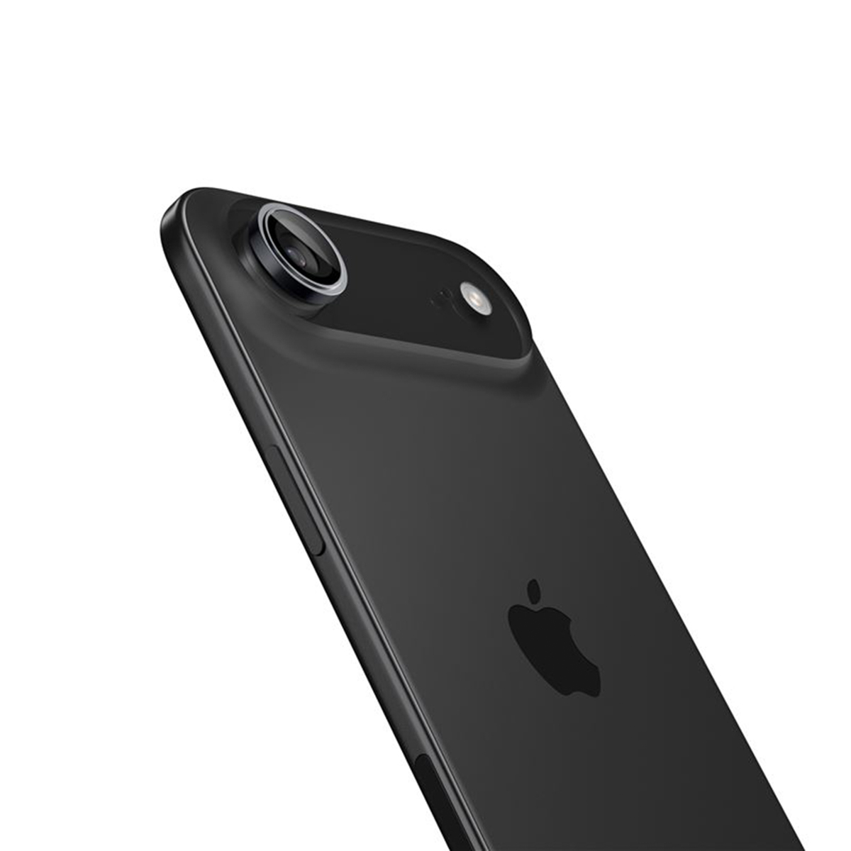 Een close-up van een zwarte iPhone, met de camera, zijknoppen en het Apple-logo op een witte achtergrond.