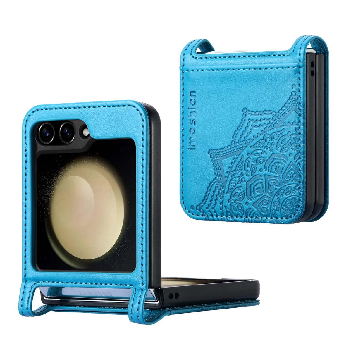 Twee open turquoise telefoonhoesjes. Eén toont het scherm van de telefoon, de andere heeft een mandala-ontwerp en de merknaam.