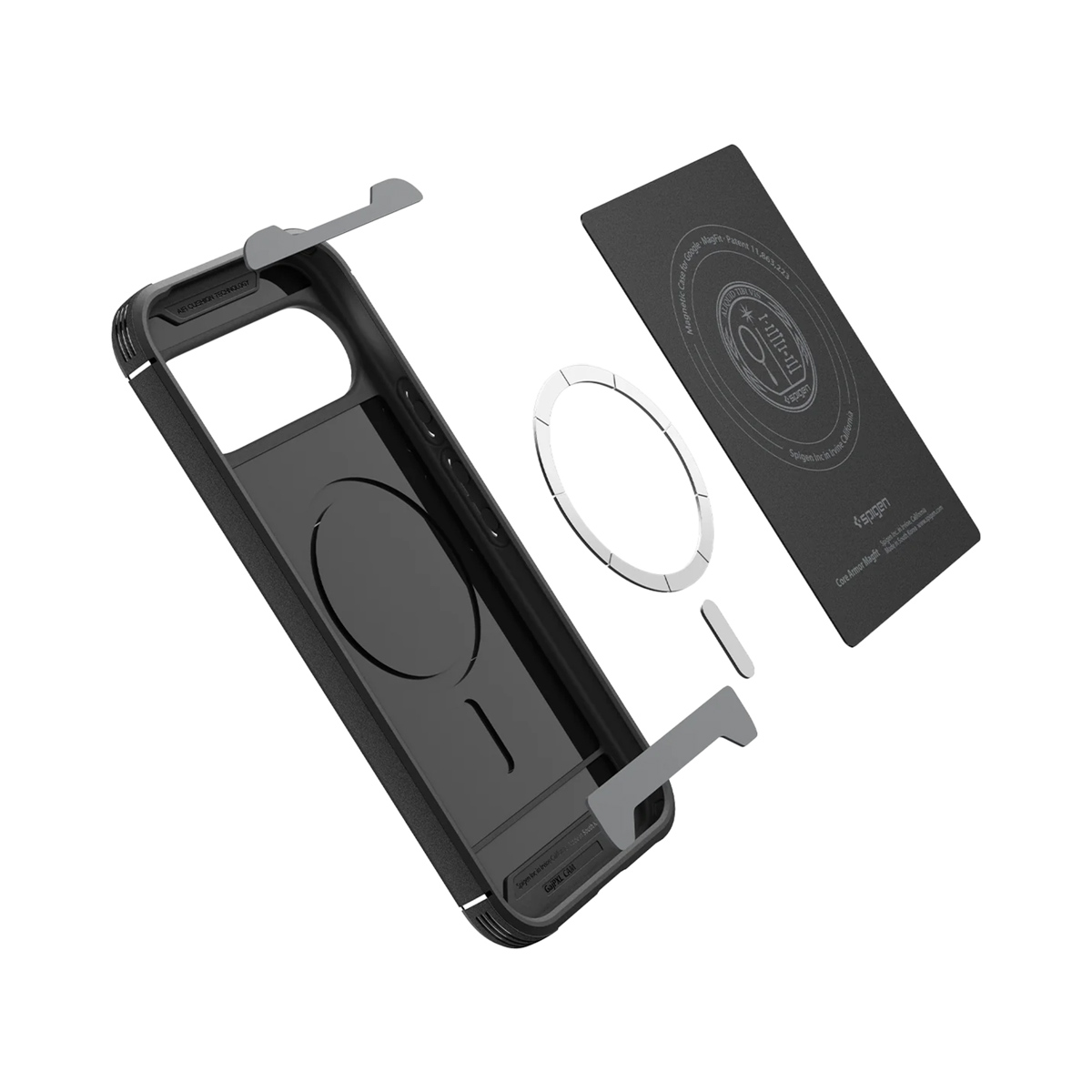 Ontplofte weergave van een zwarte telefoonhoes met magnetische ring, zwarte kaart en grijze accenten. De hoes is gemarkeerd 'Spigen'.