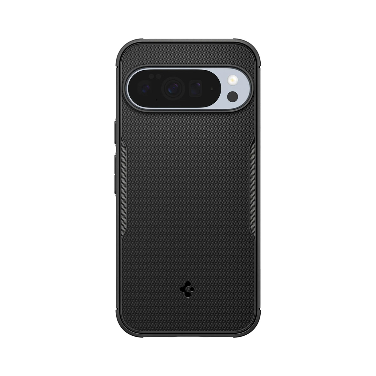Een zwarte telefoonhoes met een camera-uitsparing. Het heeft een textuur op de achterkant en een Spigen-logo. Het camera-gedeelte is lichtgrijs.