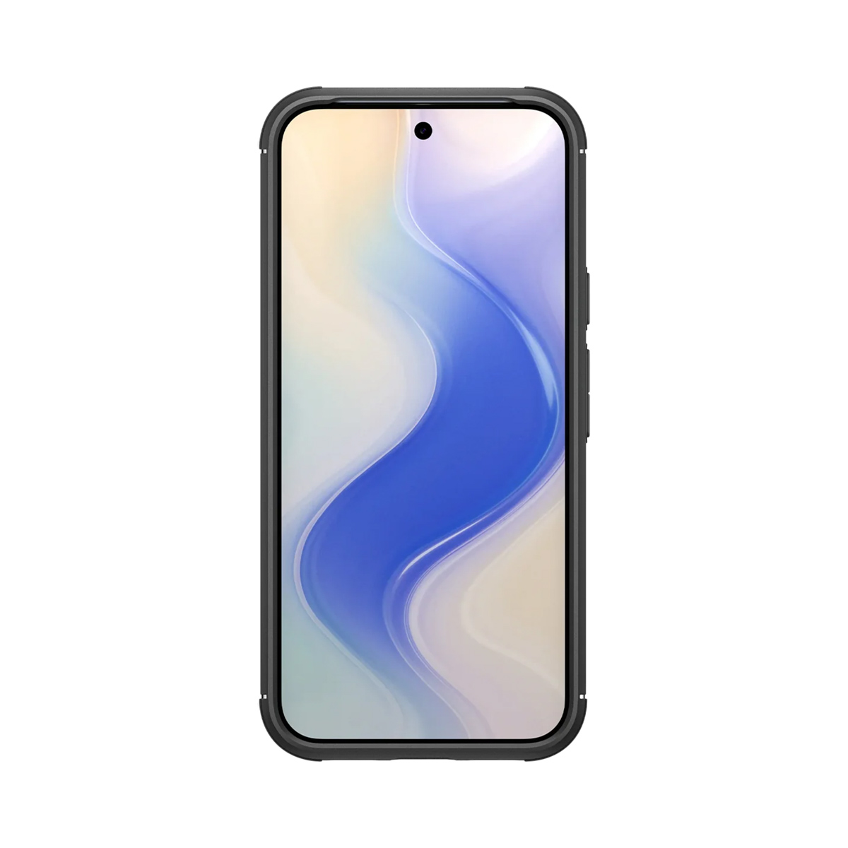 Een smartphone met een zwart frame, met een scherm met een blauw golfontwerp op een witte achtergrond.