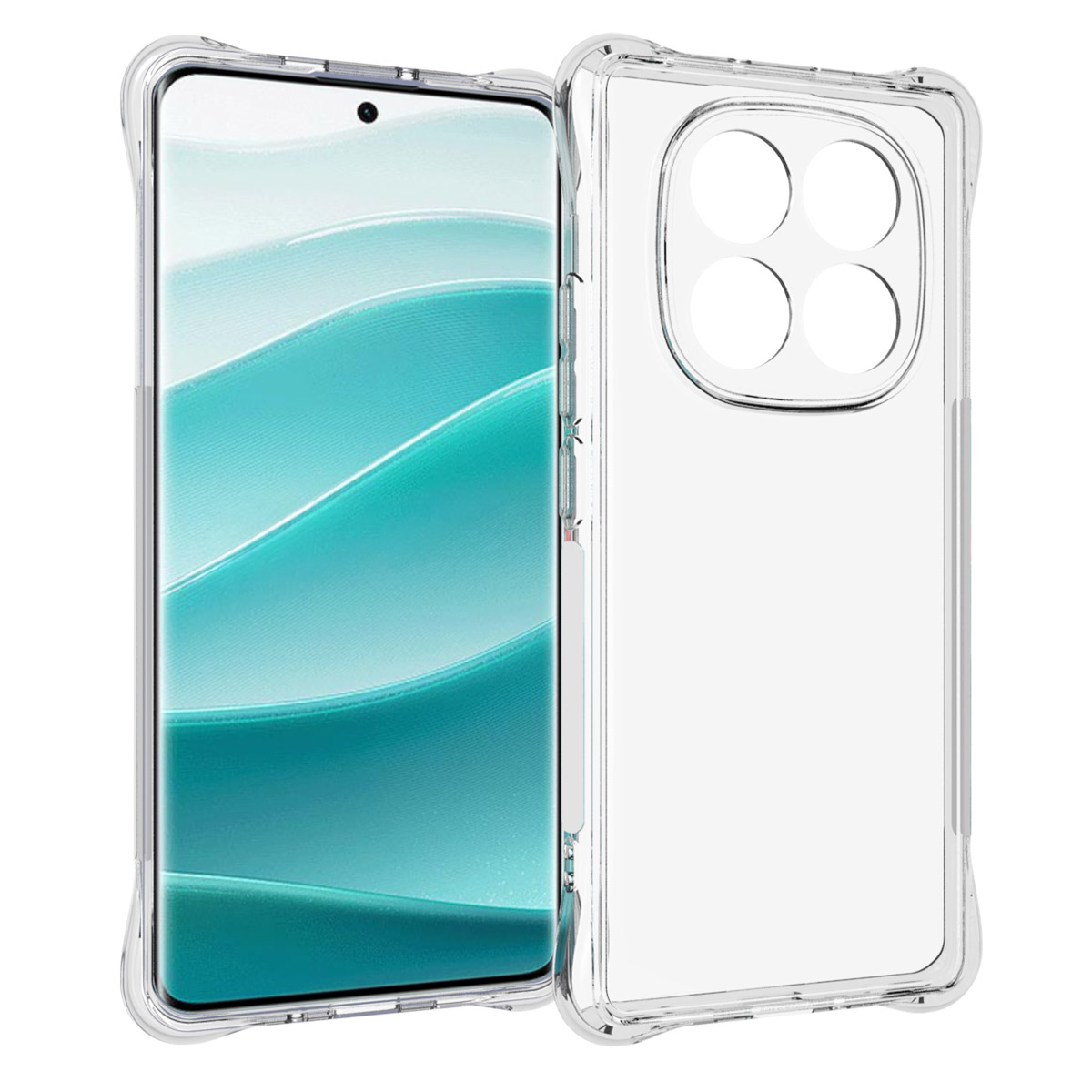 Een doorzichtige telefoonhoes met een smartphone erin. De hoes is transparant en toont het scherm en het ontwerp van de telefoon.