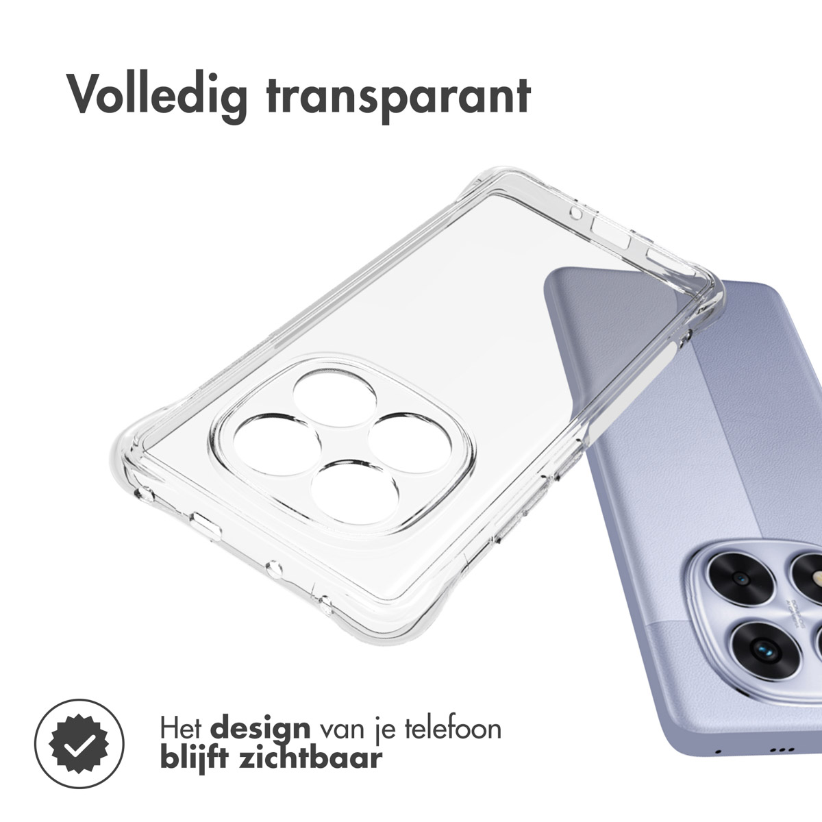 Een doorzichtige telefoonhoes wordt getoond, die gedeeltelijk een lavendelkleurige telefoon bedekt. Tekst luidt: 'Volledig transparant' en 'Het ontwerp van je telefoon blijft zichtbaar'.