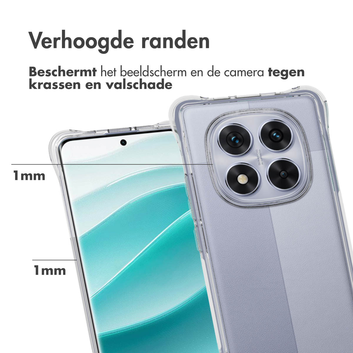 Een telefoonhoesje wordt getoond, waarbij de verhoogde randen worden benadrukt. Tekst geeft scherm- en camerabescherming tegen krassen en vallen aan.
