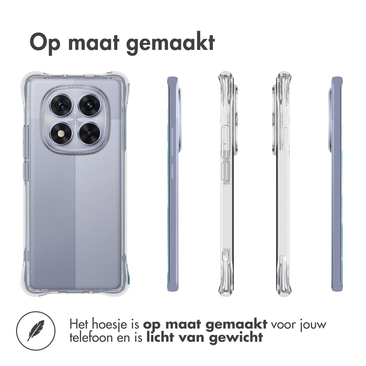 Een telefoonhoesje wordt vanuit meerdere hoeken getoond. Het is transparant, met een gekleurde achterkant. Tekst: 'Op maat gemaakt' en 'licht'.