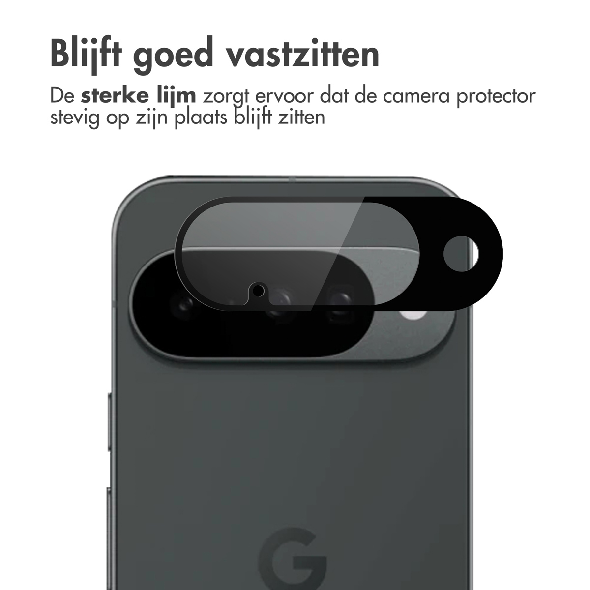 A phone with a camera protector applied. Text in Dutch says the protector sticks well. The Google logo is visible at the bottom.