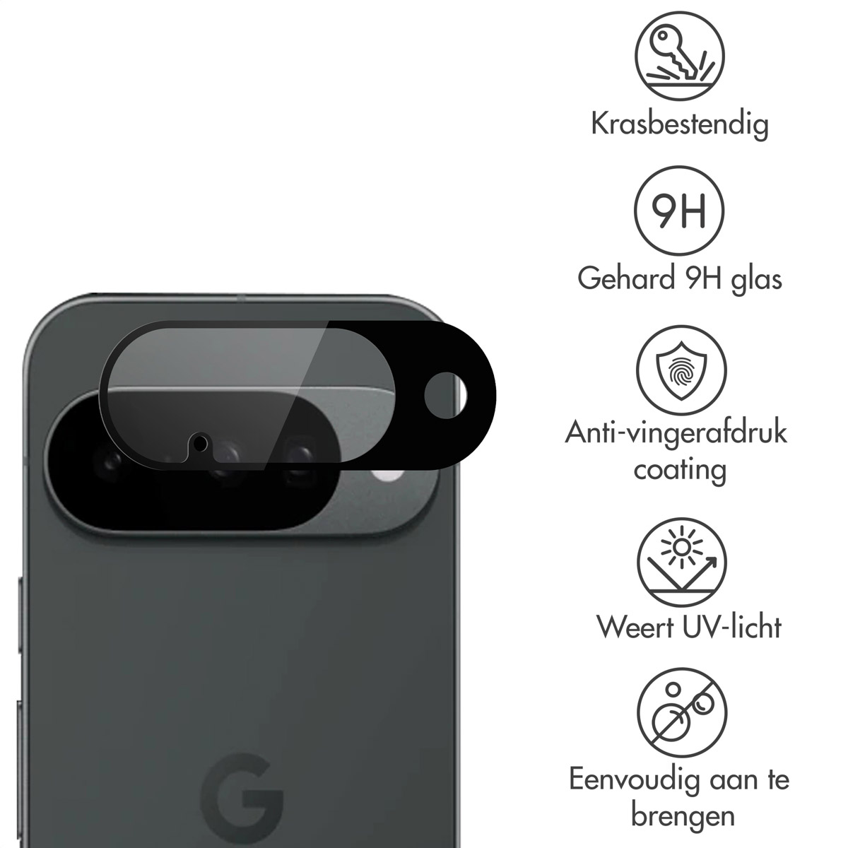 A phone with a screen protector over the camera. Features include scratch resistance, 9H glass, anti-fingerprint coating, and UV light protection.