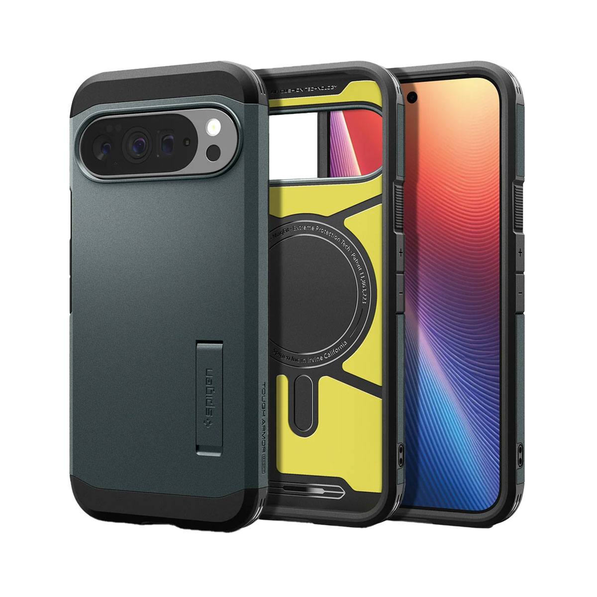 Drie telefoonhoesjes: donkergroen, geel en een telefoon met een kleurrijk scherm. Elke hoes heeft een ander ontwerp en textuur.