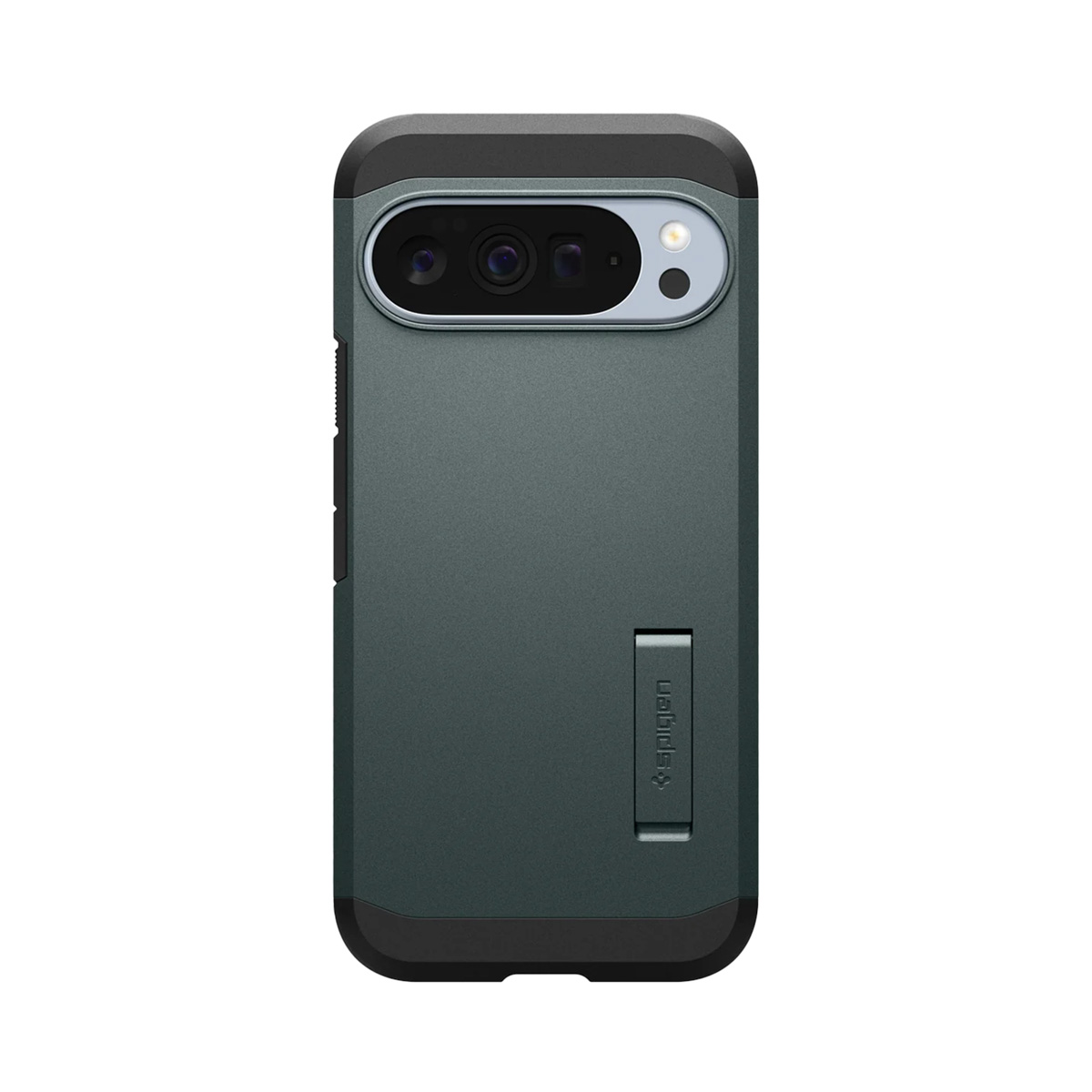 Een donkergroene telefoonhoes. Het heeft een zwart frame en een standaard. Het camera-gedeelte is zichtbaar, met lenzen en een flitser.