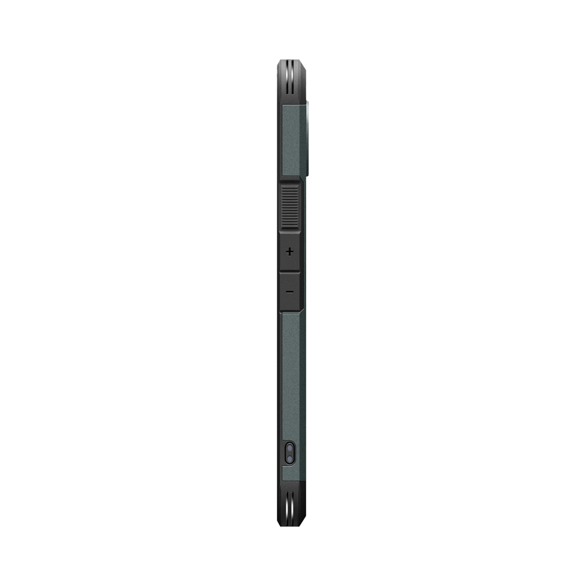 Zijaanzicht van een telefoonhoesje. Het is donkergrijs met zwarte accenten. Volume- en aan/uit-knoppen zijn zichtbaar.