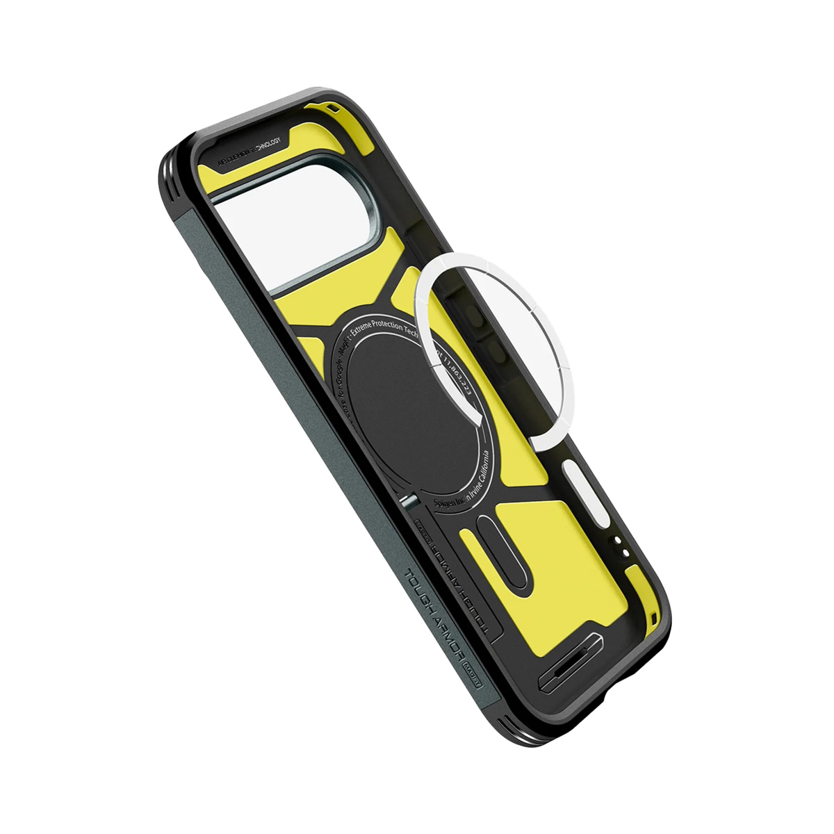 Een telefoonhoesje met een zwart frame en een geel interieur. Een transparante ring is bevestigd. Tekst bevat "TOUGH ARMOR" en "Spigen".
