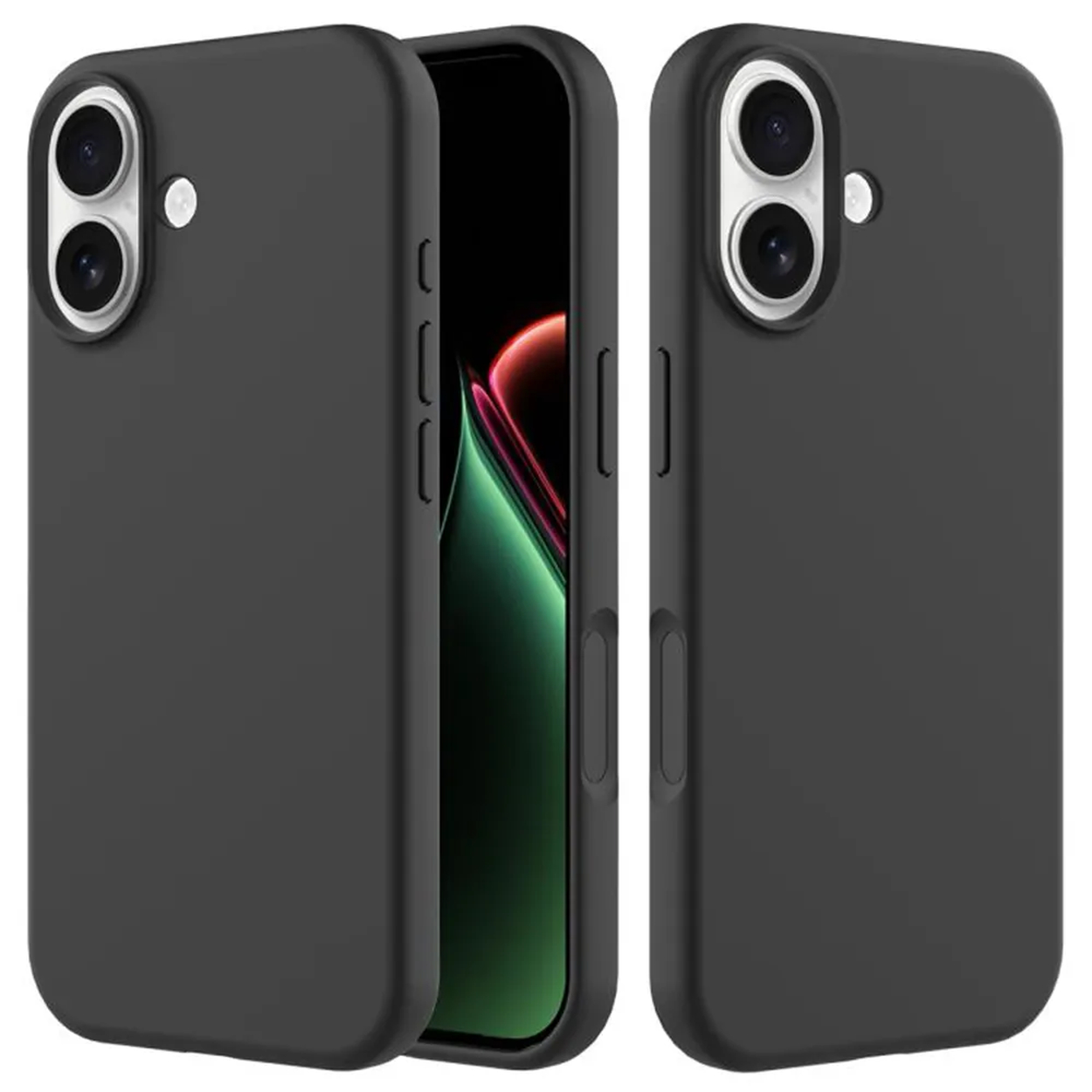 Drie zwarte telefoonhoesjes, waarvan één open met een telefoonscherm met groene en rode kleuren. Twee hoesjes zijn gesloten.