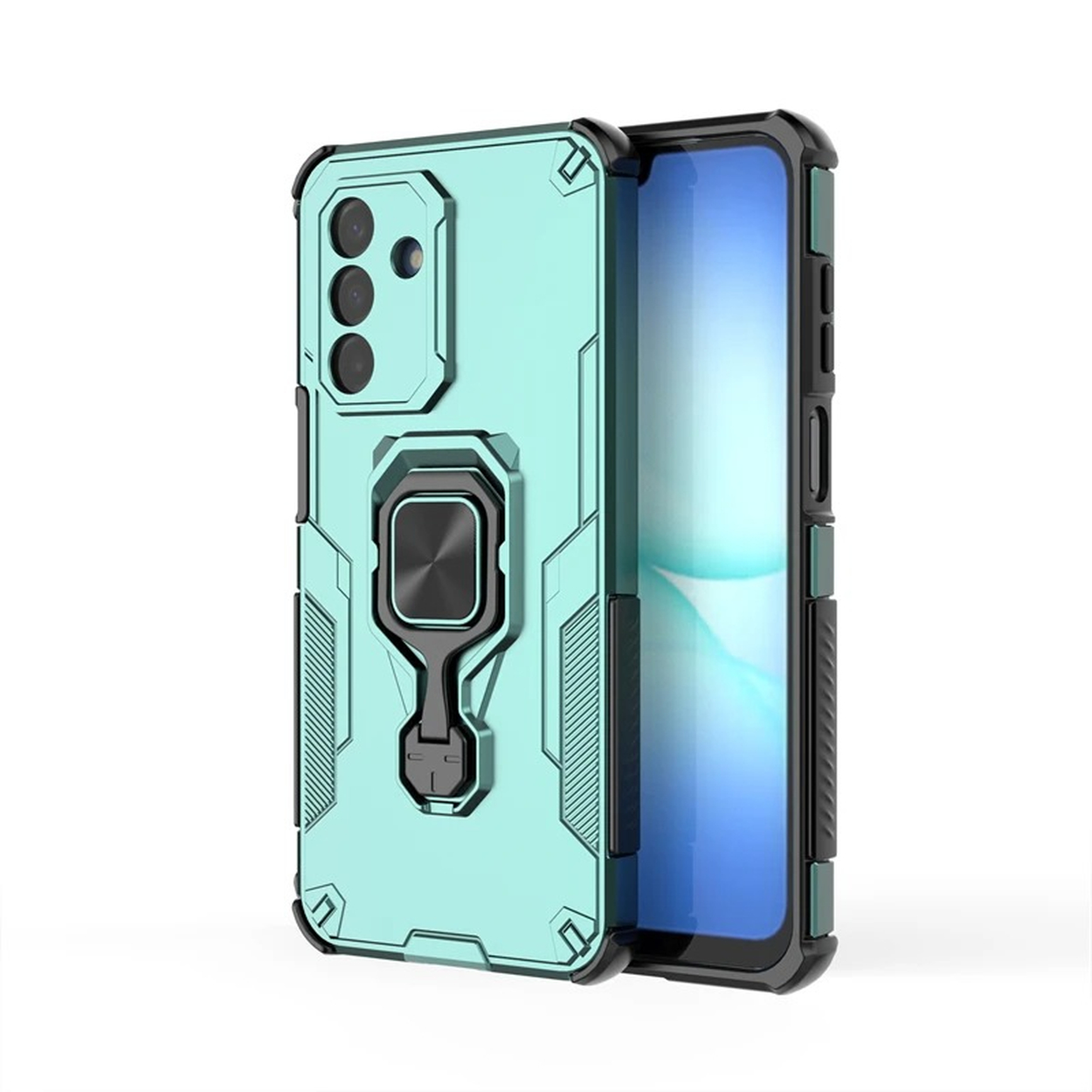Een mintgroene telefoonhoes met een zwarte ringhouder en zwarte accenten rond het frame, schuin naar rechts.