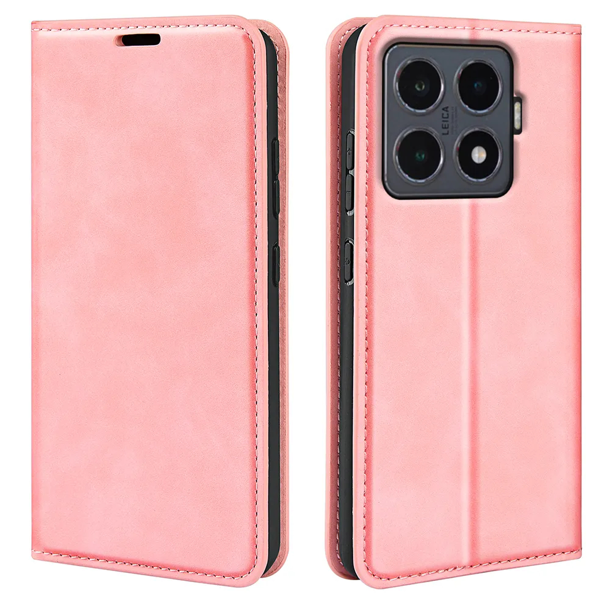 Étui de téléphone rose, ouvert et fermé. L'étui ouvert montre l'appareil photo. L'étui fermé est uni.