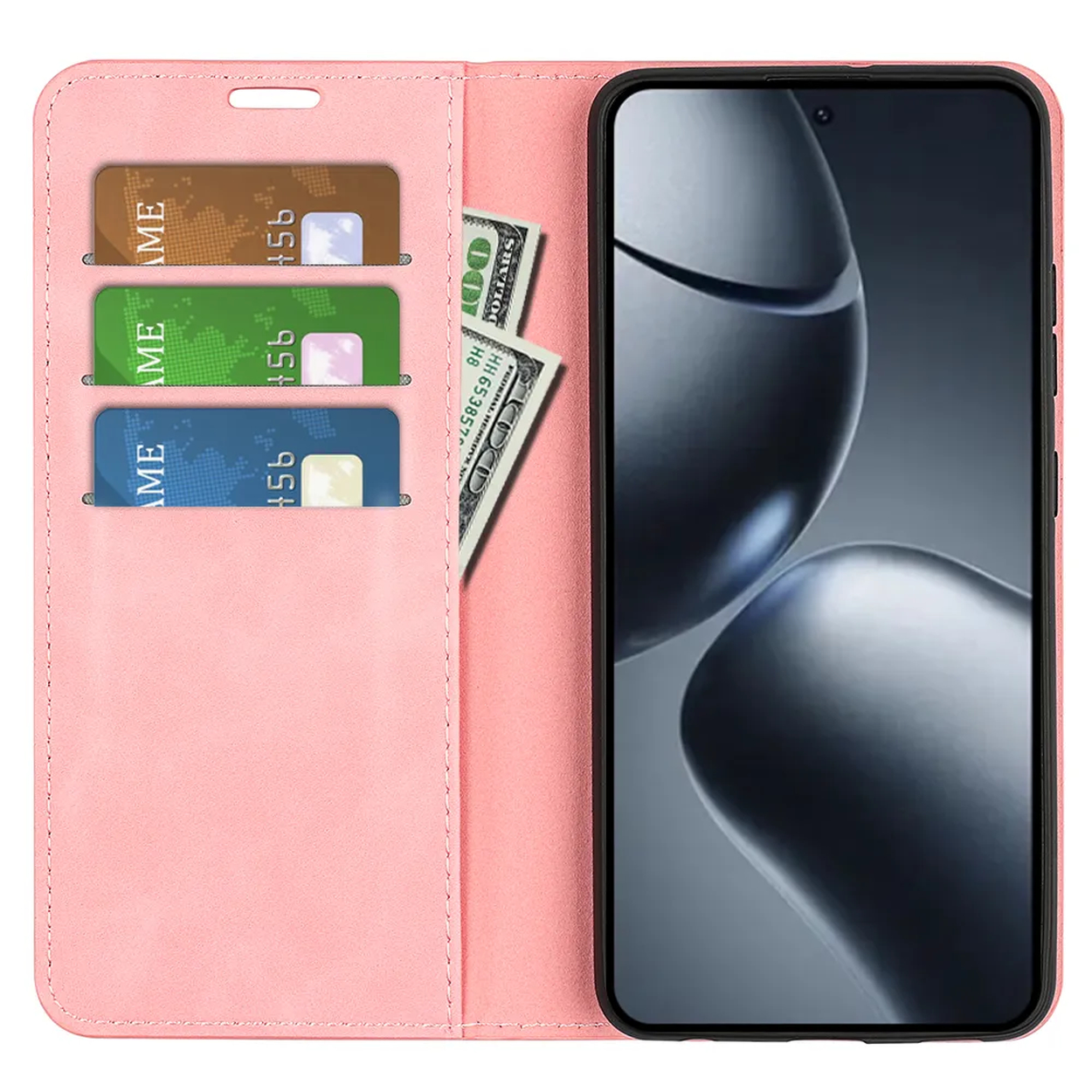 Étui de téléphone rose, ouvert. Trois emplacements pour cartes avec cartes, dollars américains et un smartphone.