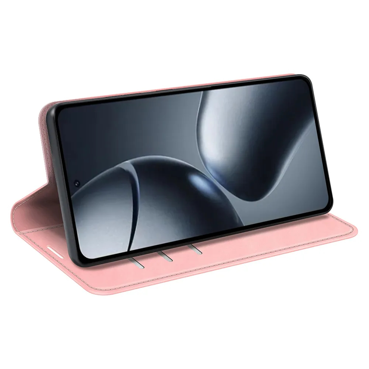 Étui de téléphone rose avec téléphone à l'intérieur. L'écran affiche une image floue. L'étui est ouvert et incliné.