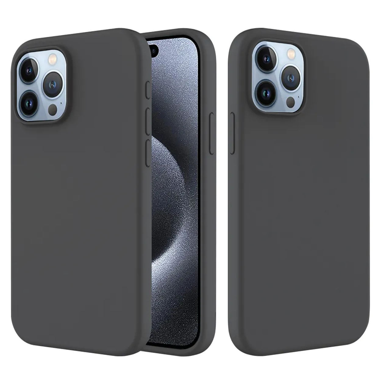 Drie donkergrijze telefoonhoesjes, één met een telefoon erin. Elke hoes heeft cameralenzen.