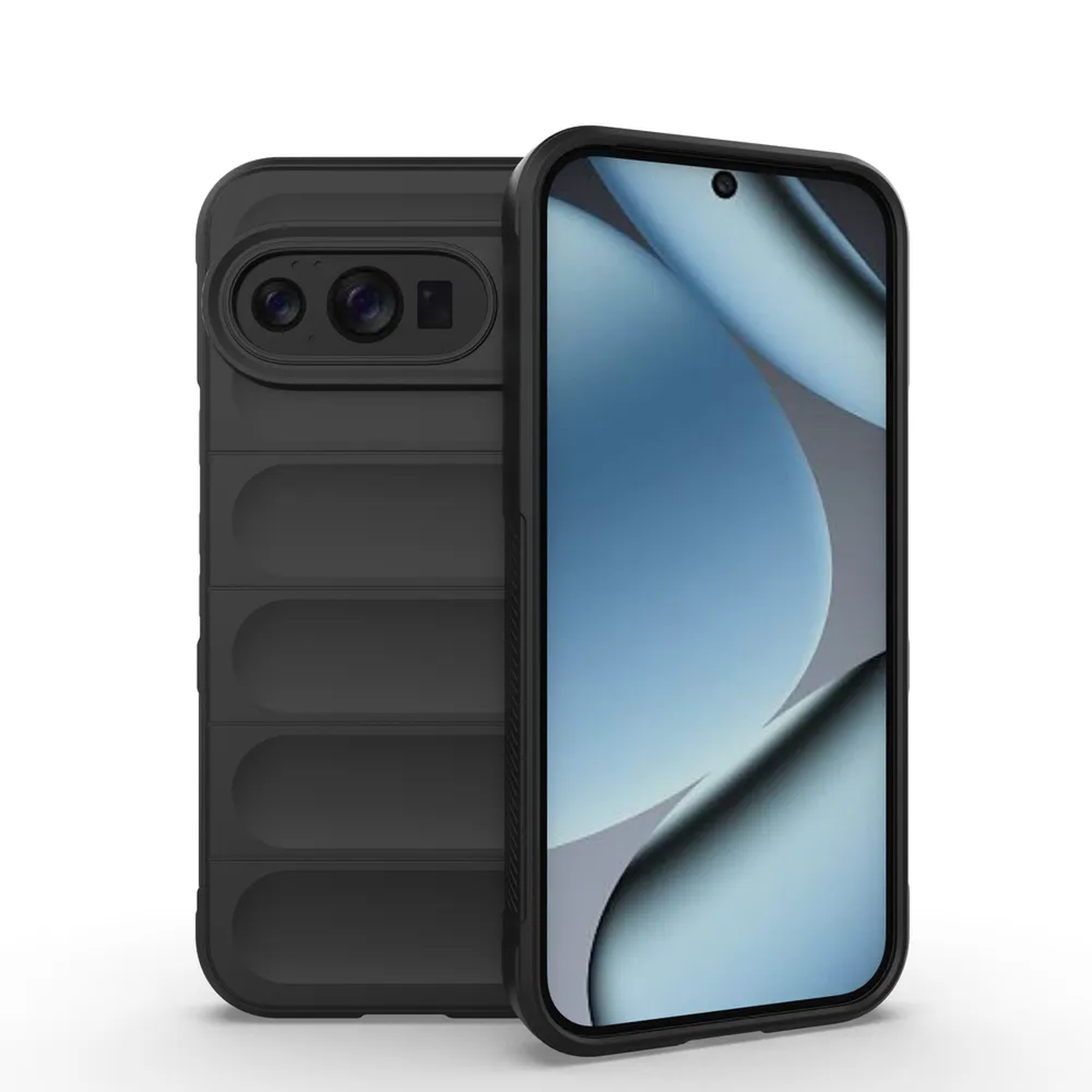 Deux smartphones noirs. L'un avec une coque de protection montrant des caméras, l'autre avec un design abstrait bleu et blanc.