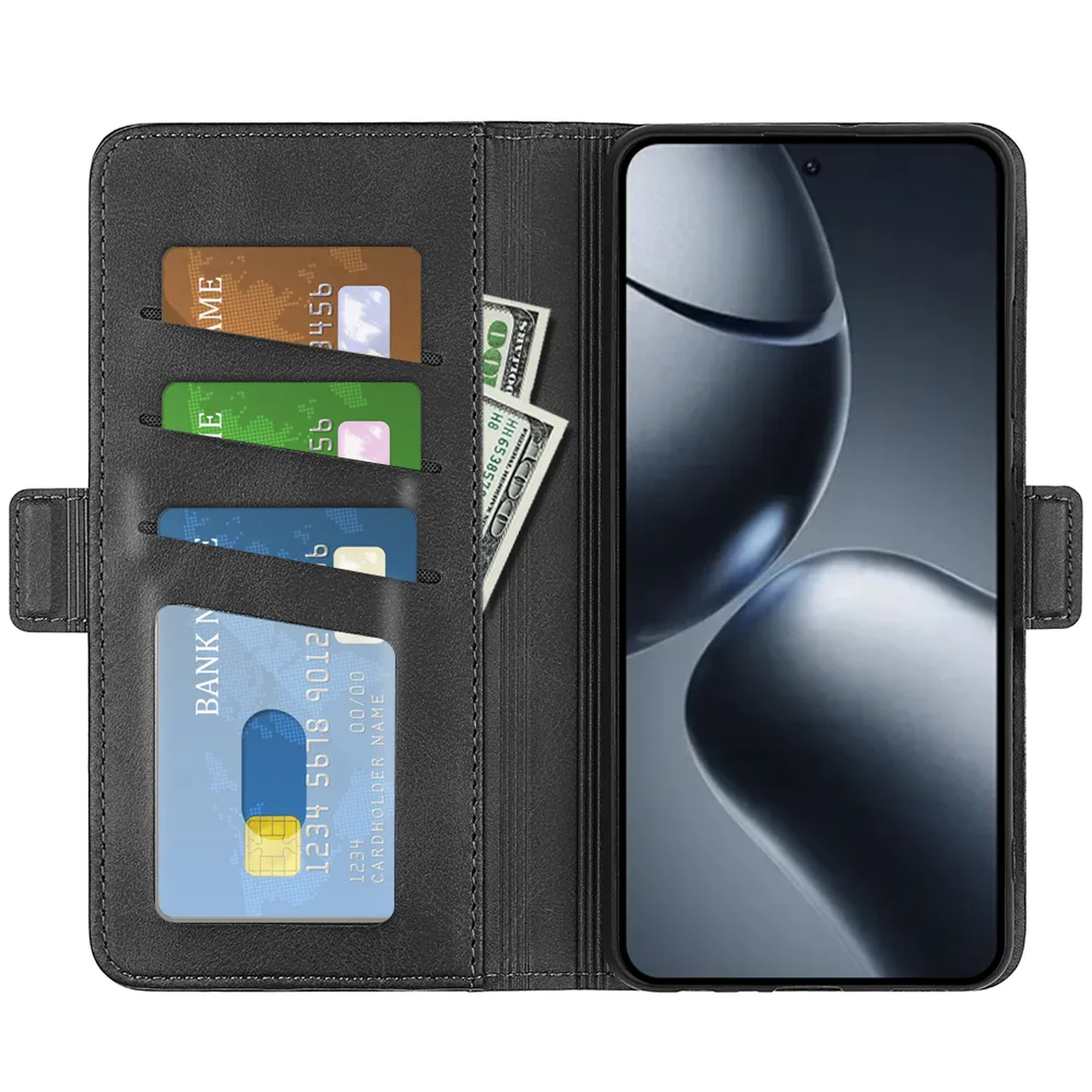 Étui de téléphone noir avec cartes de crédit et un billet de cent dollars. L'écran du téléphone est visible à droite.