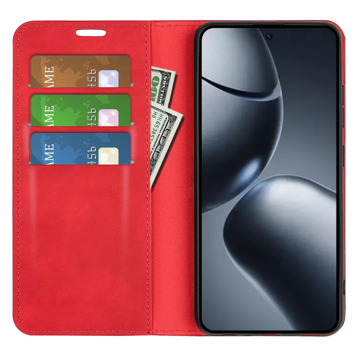 Étui de téléphone rouge ouvert, montrant des cartes et de l'argent. L'écran du téléphone est visible à droite.
