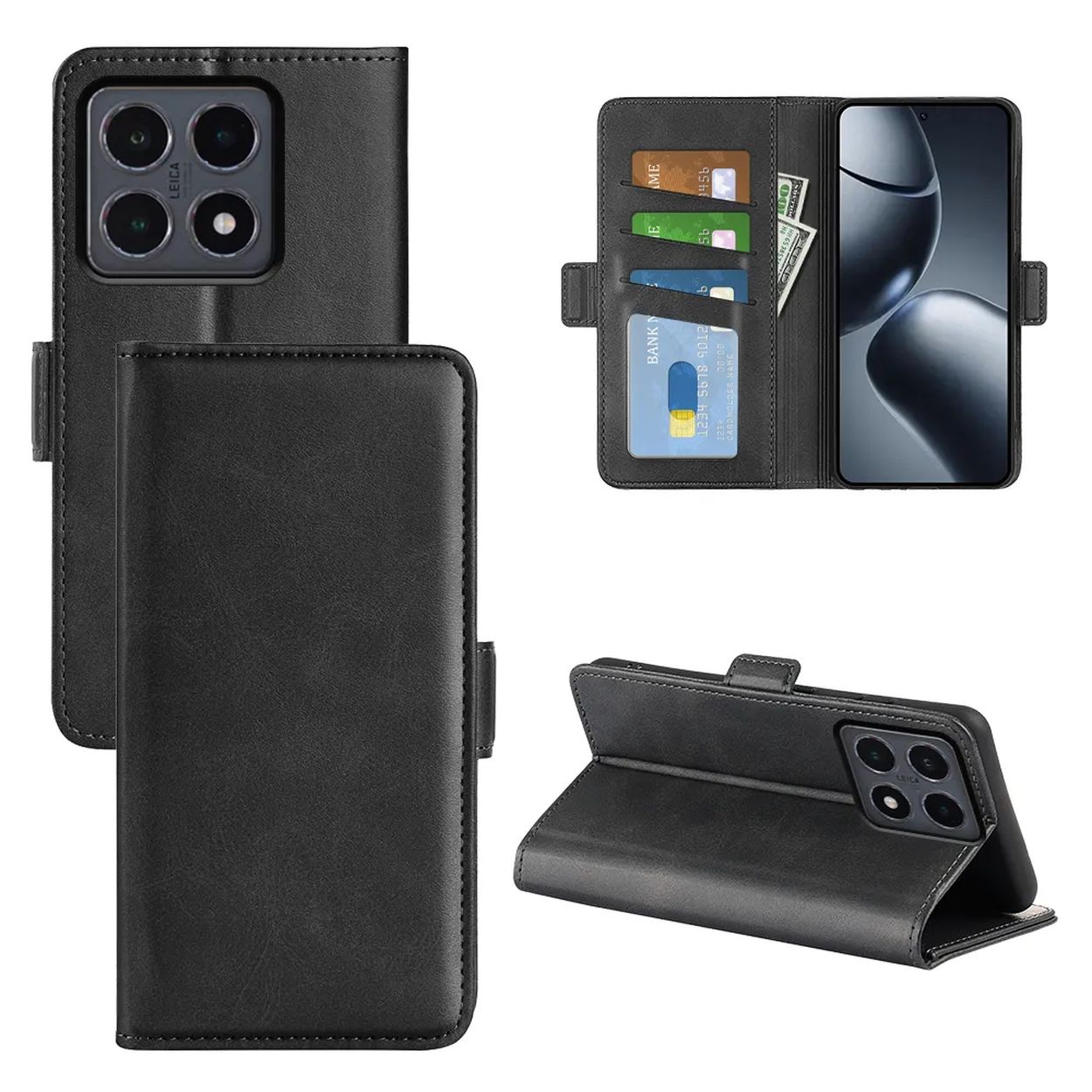 Étui de téléphone en cuir noir avec fentes pour cartes et argent. Le téléphone a un appareil photo Leica.