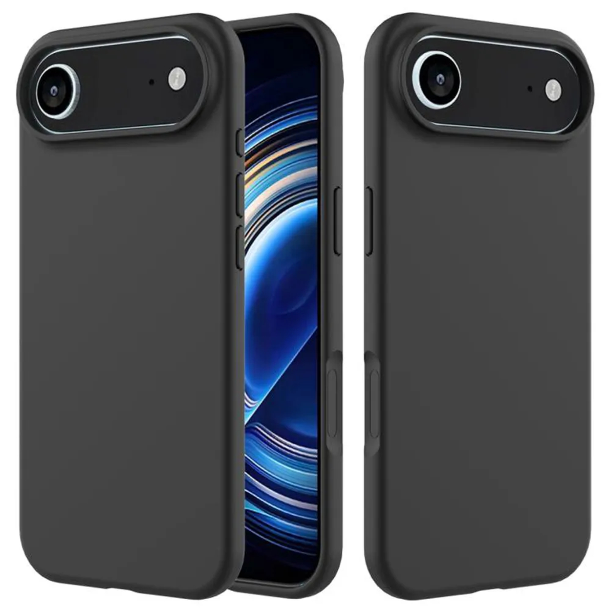 Trois étuis de téléphone noirs, dont un avec un téléphone à l'intérieur affichant une image bleue et blanche. Les étuis ont des découpes pour l'appareil photo.