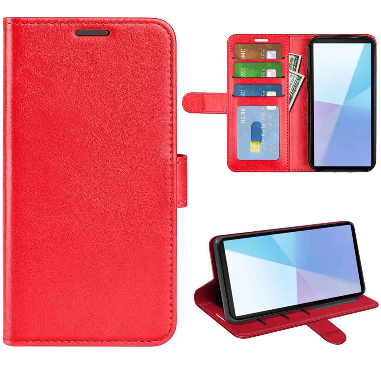Een rode leren telefoonhoes, open om een telefoon, kaartsleuven met kaarten en contant geld te onthullen. Een andere telefoon staat overeind.