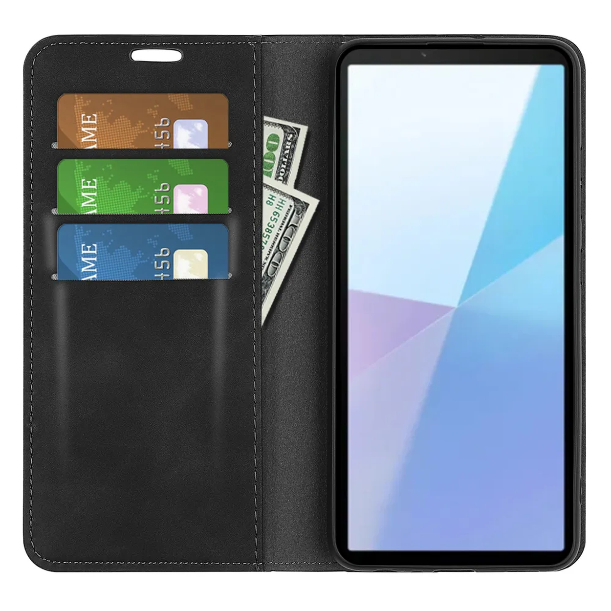Zwarte telefoonhoes met telefoon rechts. In de hoes zijn drie kaarten en twee dollarbiljetten te zien.