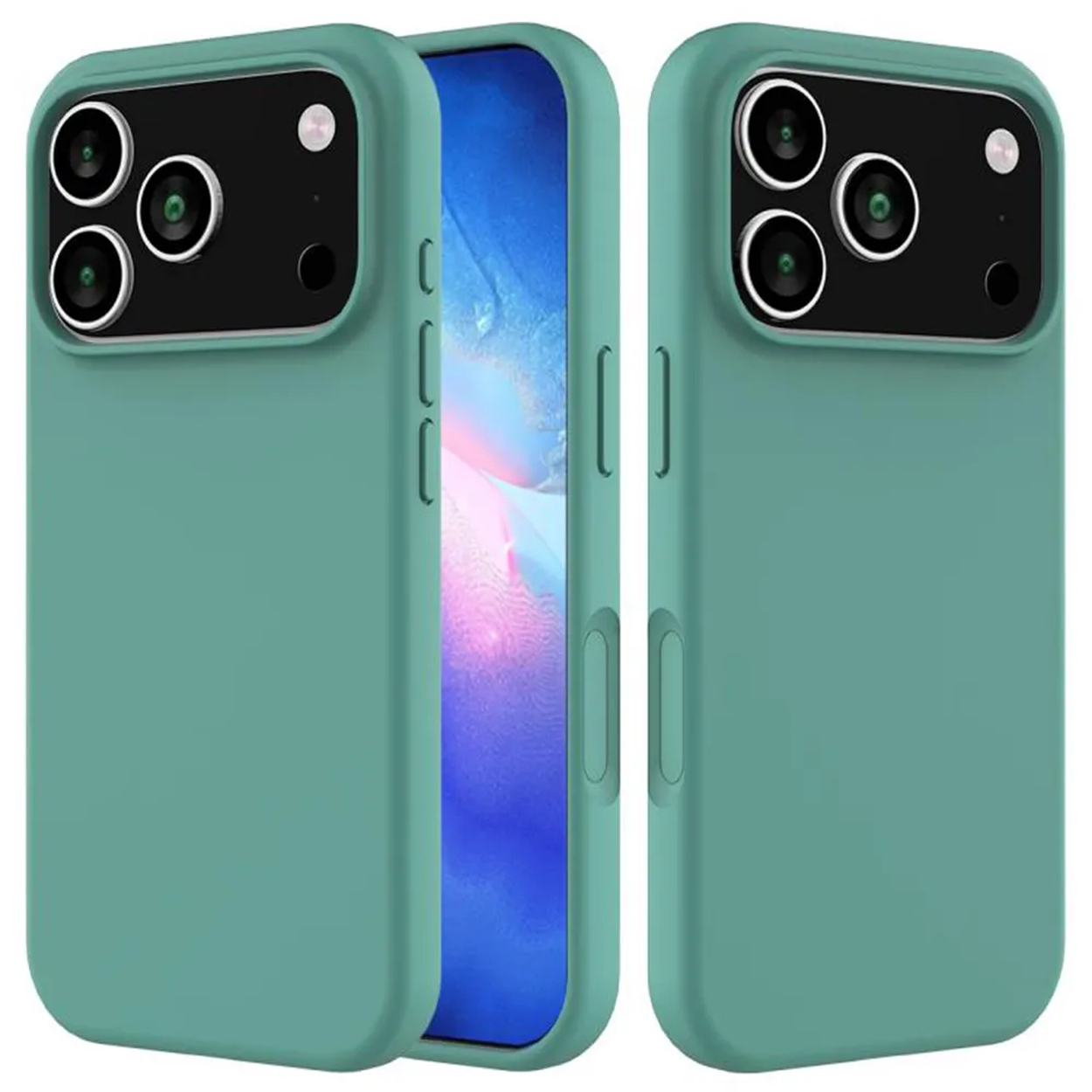 Trois étuis de téléphone sarcelle. Un avec écran bleu. Chaque étui a des découpes pour appareil photo avec des lentilles. Le fond est blanc.