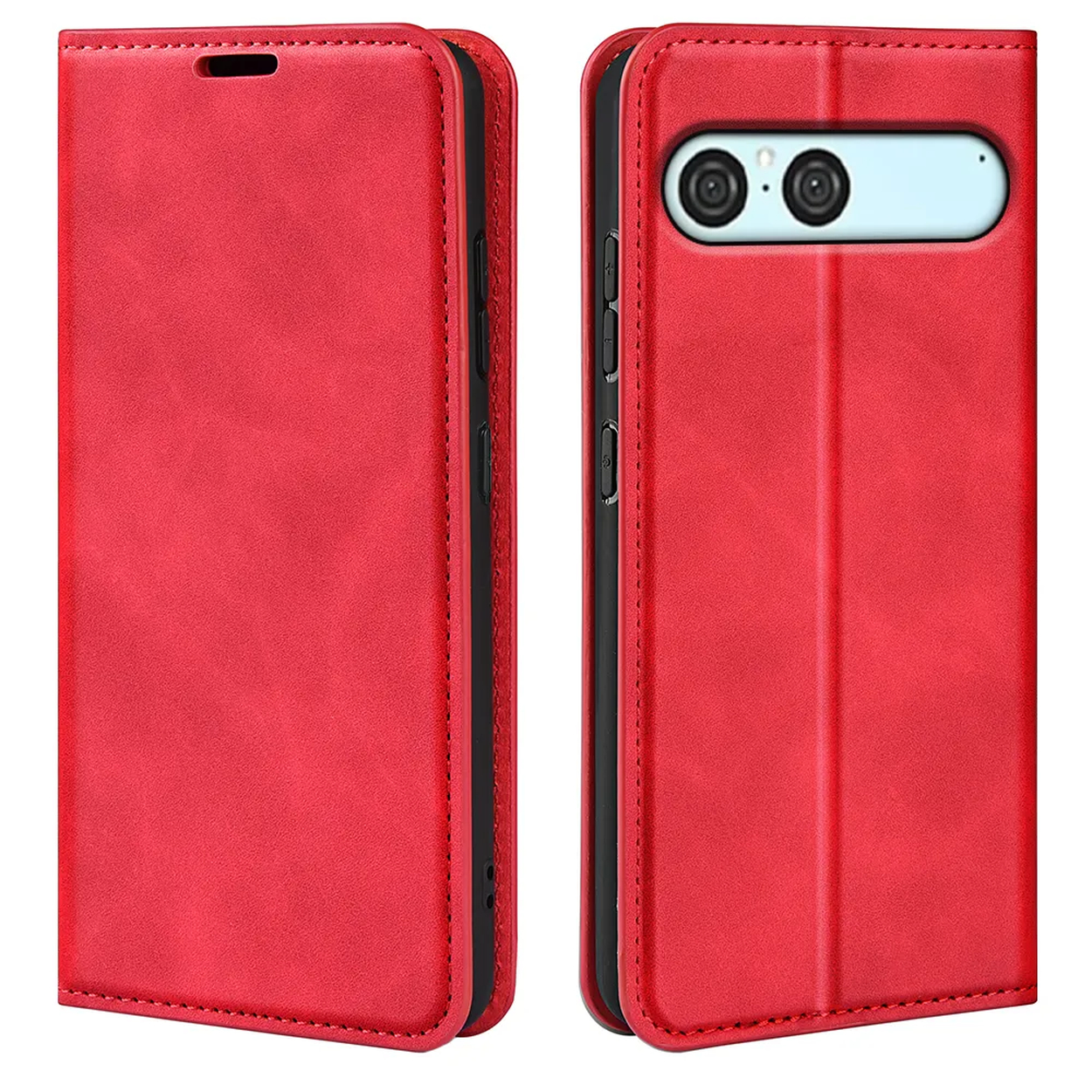 Un étui de téléphone en cuir rouge, ouvert et fermé, présentant un téléphone avec caméra. Bords et coutures noirs visibles.