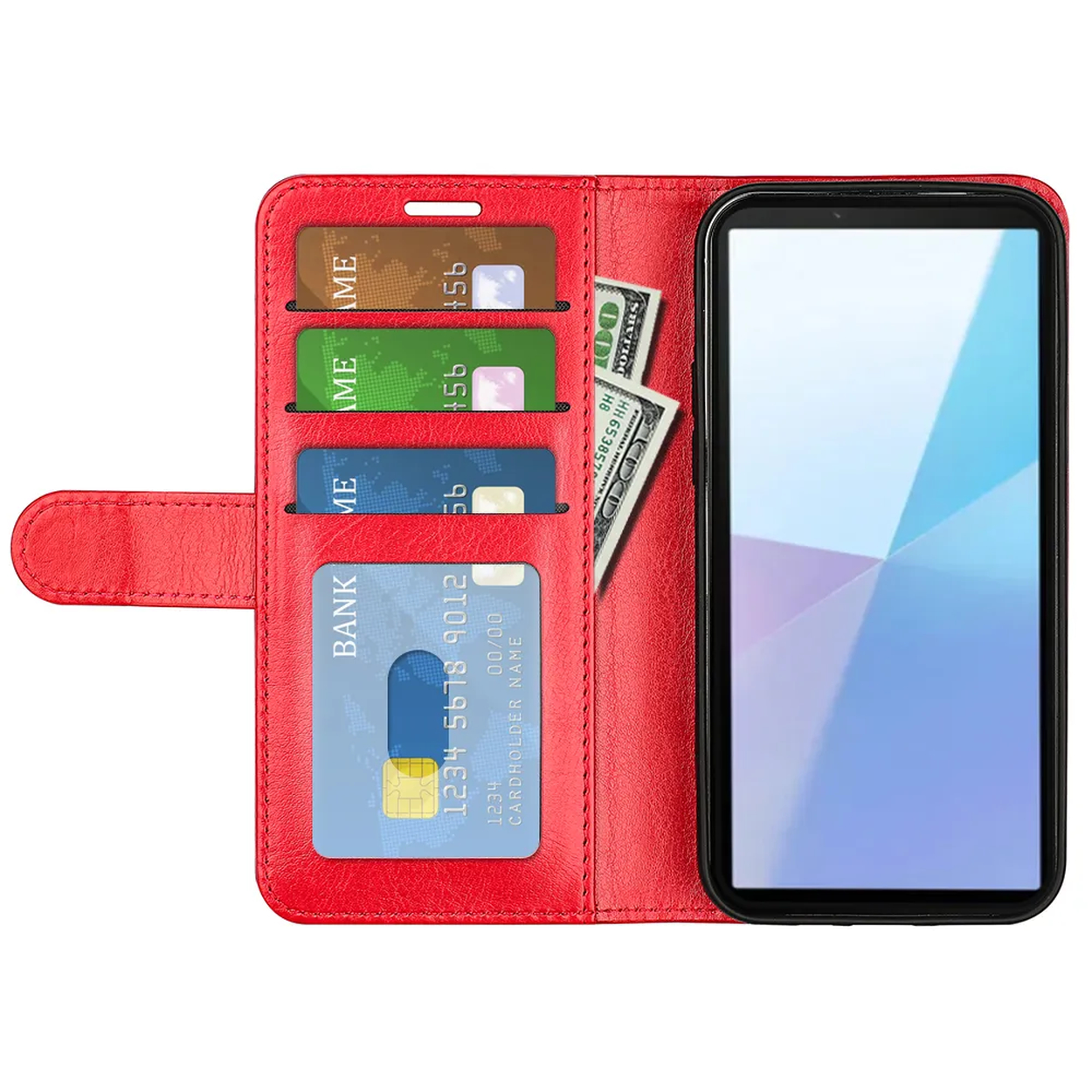 Rode telefoonhoes met telefoon rechts, kaartsleuven en contant geld links. Verschillende creditcards en een bankpas zijn zichtbaar.