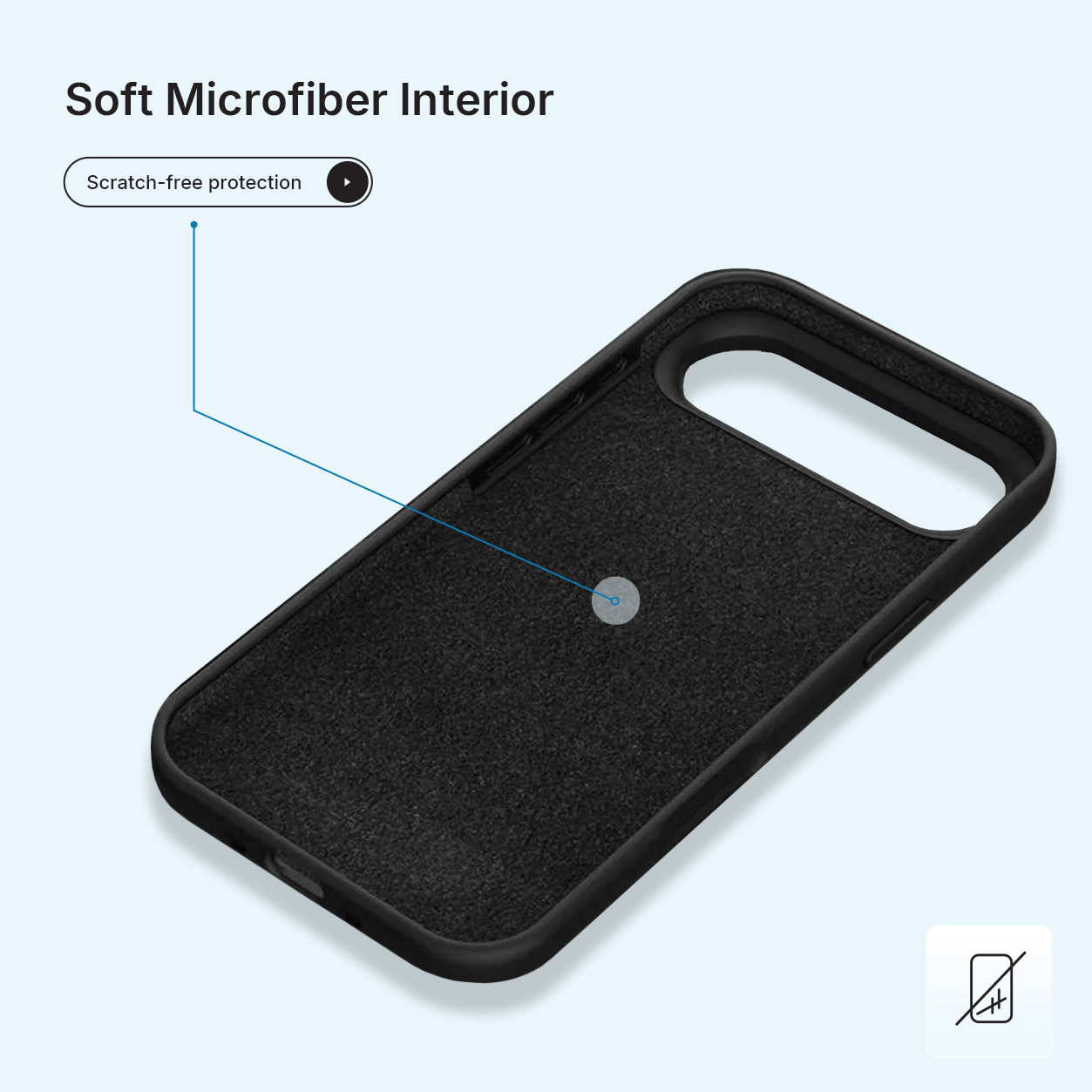Intérieur d'un étui de téléphone noir. Il est doux et offre une protection contre les rayures. Le fond est un dégradé bleu clair.