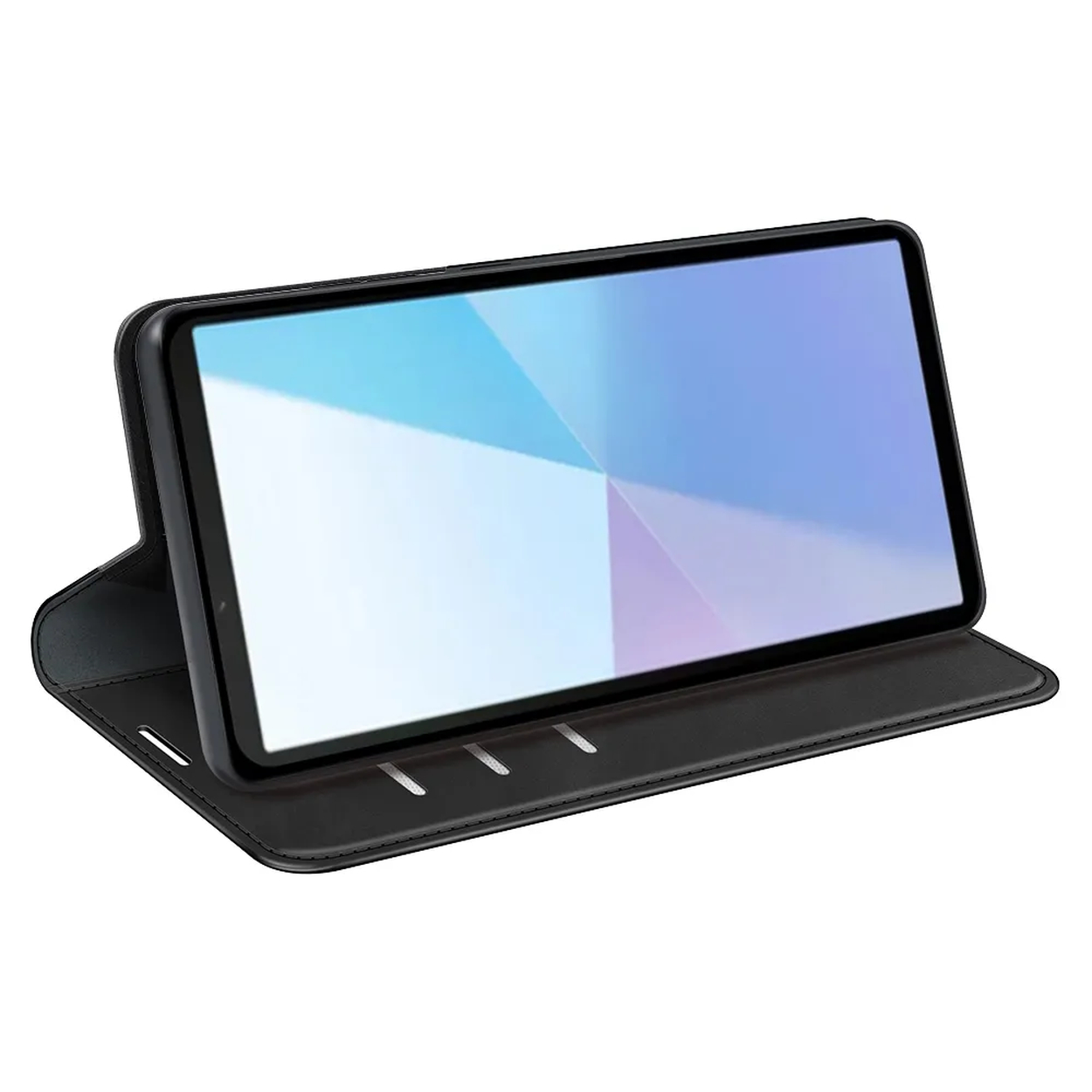 Een tablet in een zwarte hoes. Het scherm toont een kleurrijk abstract beeld. De hoes is open.
