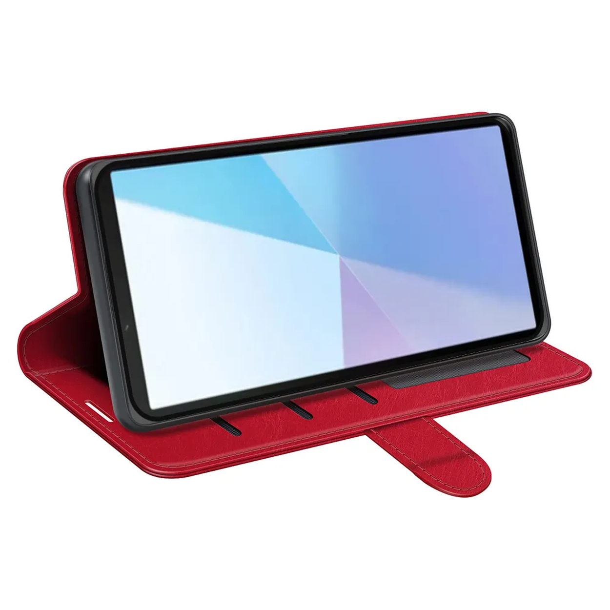 Een tablet met een licht scherm in een rode leren hoes. De hoes is open en toont het scherm. Witte achtergrond.
