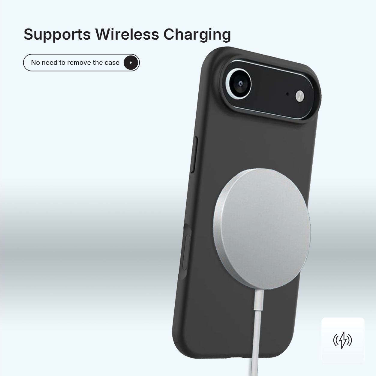 Une coque de téléphone noire avec un socle de chargement argenté est attachée. Le téléphone se charge sans fil. Texte : Prend en charge la recharge sans fil.