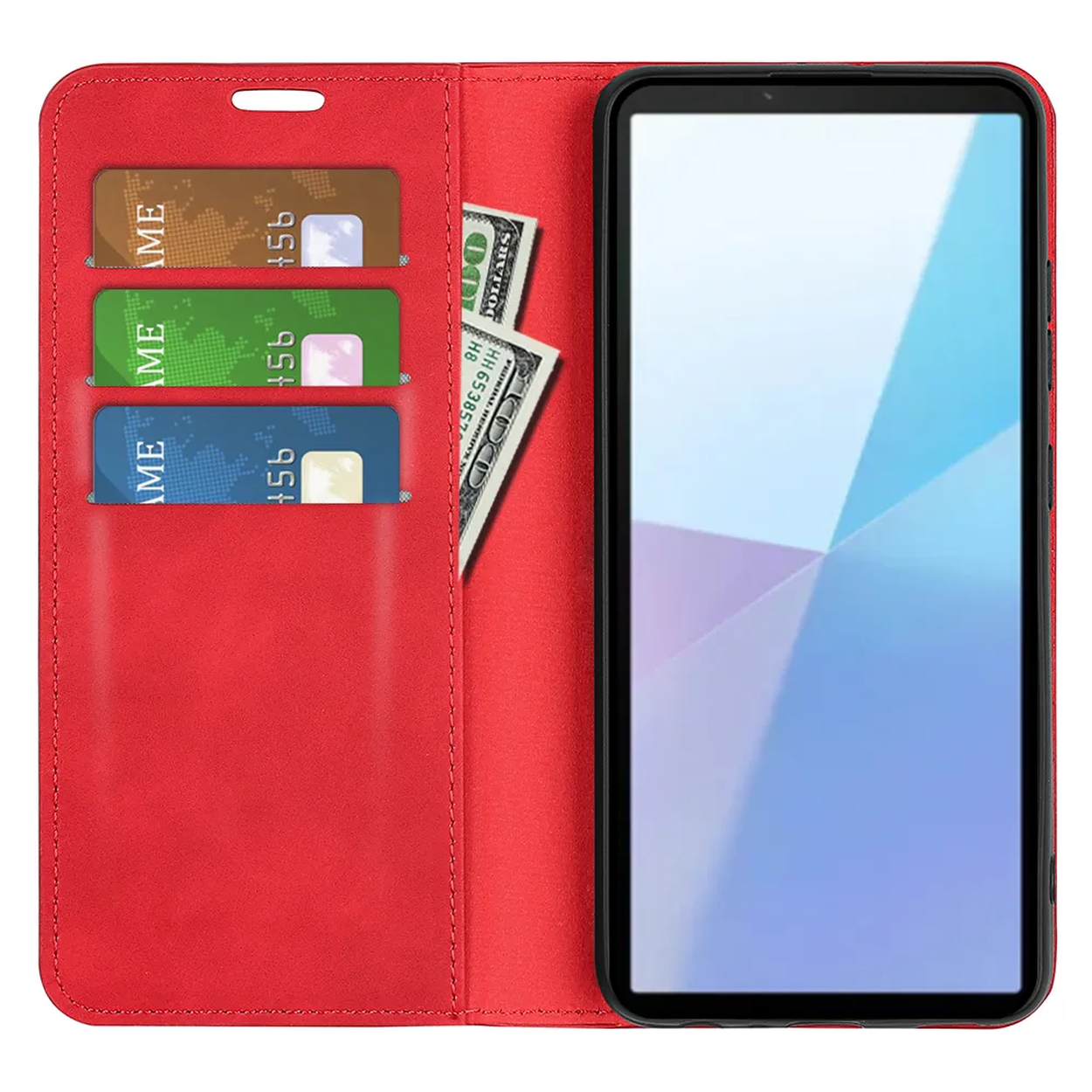Étui de téléphone rouge ouvert, montrant un téléphone, des cartes de crédit et de l'argent. L'écran du téléphone affiche un design bleu et blanc.