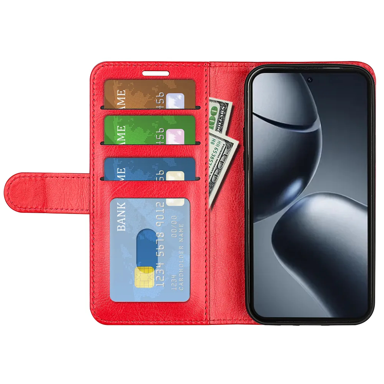 Un étui portefeuille rouge avec un téléphone, des cartes de crédit et de l'argent. L'écran du téléphone est visible. Plusieurs cartes dans l'étui.
