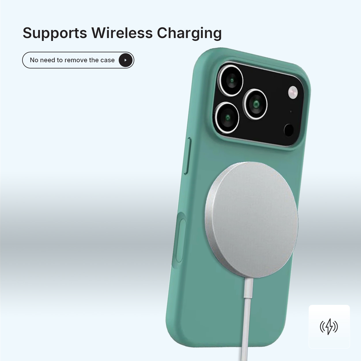Un étui de téléphone bleu-vert avec un disque de chargement blanc attaché. L'étui a une caméra. Texte : 'Prend en charge la charge sans fil'.