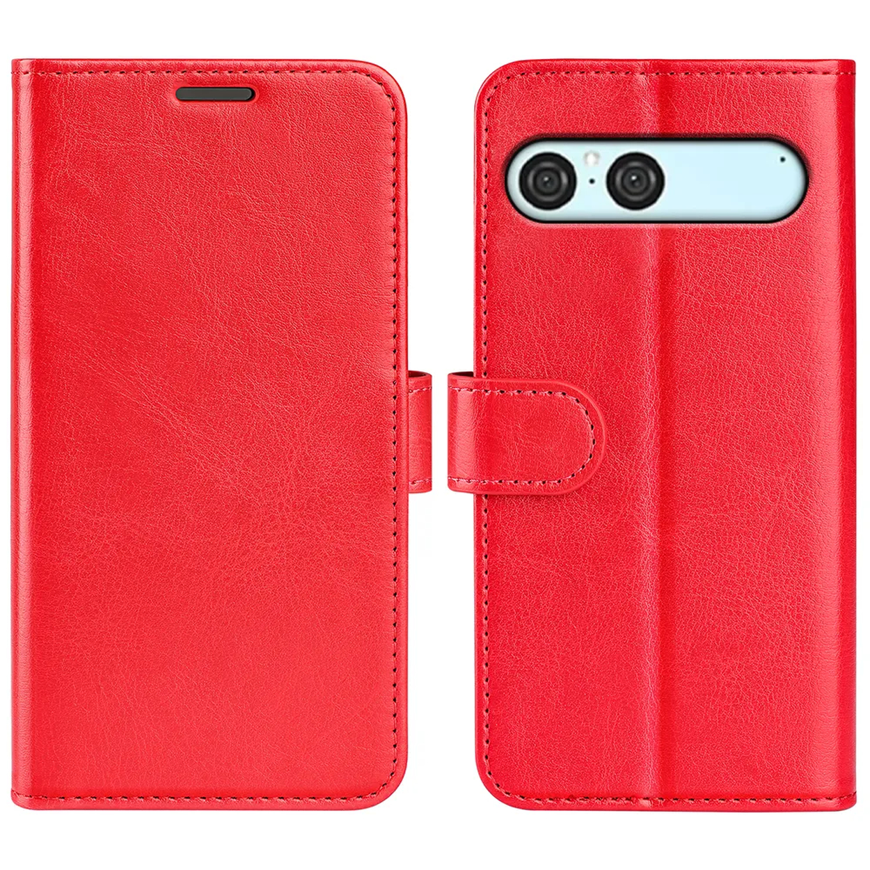 Rode leren telefoonhoes open, met telefoon en deksel. Voorzien van een magnetische sluiting.