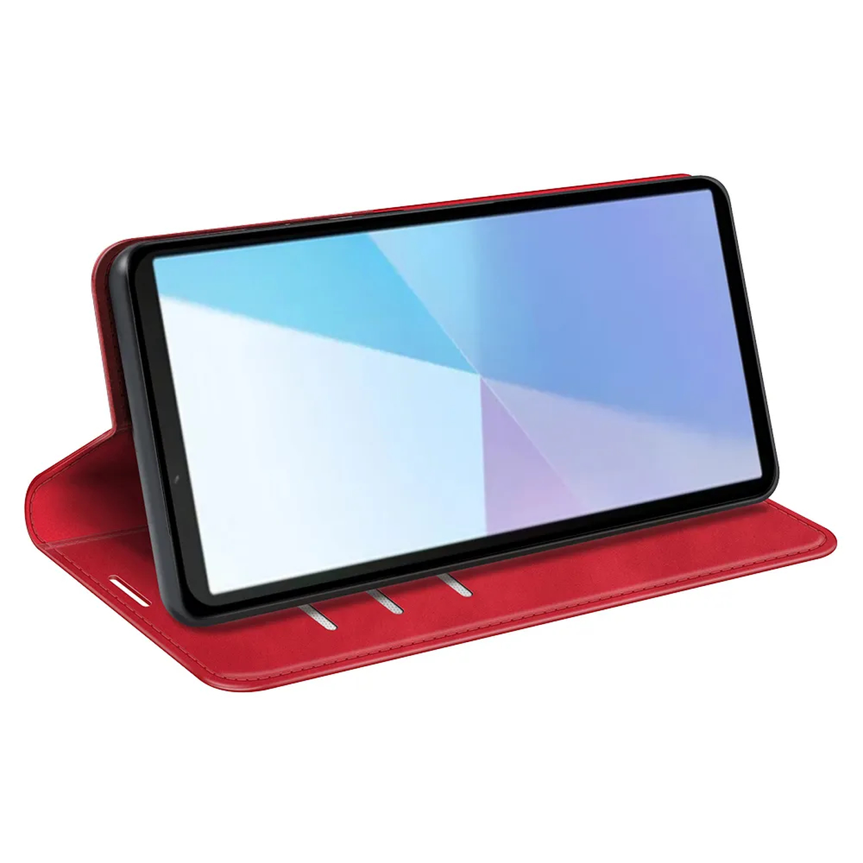Une tablette dans un étui rouge est affichée. L'écran présente un motif géométrique bleu et blanc. L'étui est ouvert.