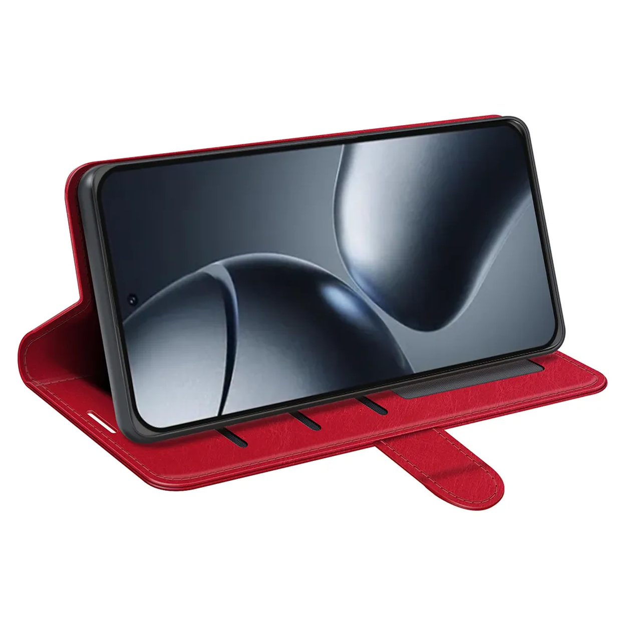 Un étui de téléphone rouge avec un téléphone à l'intérieur. Le téléphone affiche un motif abstrait gris. L'étui a une sangle magnétique.