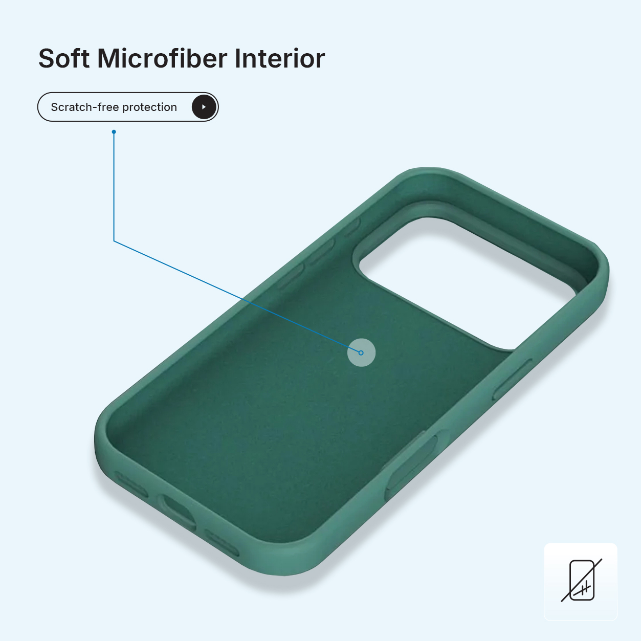 Intérieur d'un étui de téléphone vert. Le texte indique 'Soft Microfiber Interior' et 'Scratch-free protection'. Fond blanc avec une petite icône.