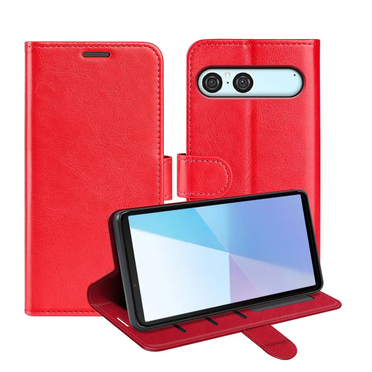 Een rode telefoonhoes met een telefoon erin. De hoes is open, met het scherm en de achterkant met de camera.