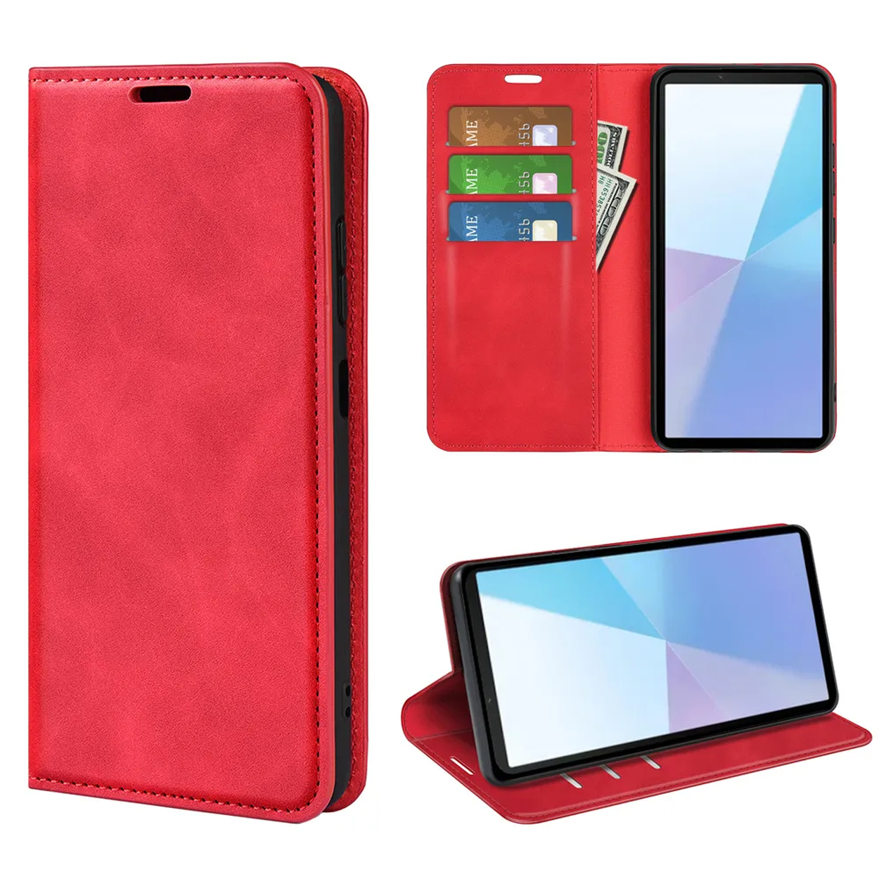 Étui de téléphone rouge, ouvert montrant téléphone, cartes de crédit et espèces. Un autre angle montre le téléphone soutenu par l'étui.