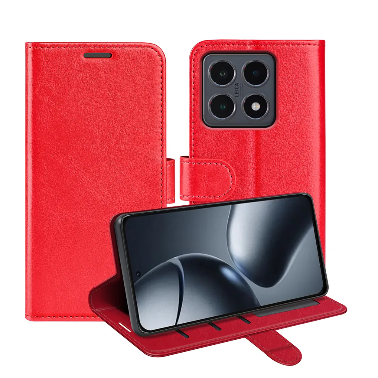 Étui de téléphone rouge, ouvert pour afficher le téléphone. L'écran affiche un design abstrait. L'étui a des découpes pour la caméra et une fermeture.
