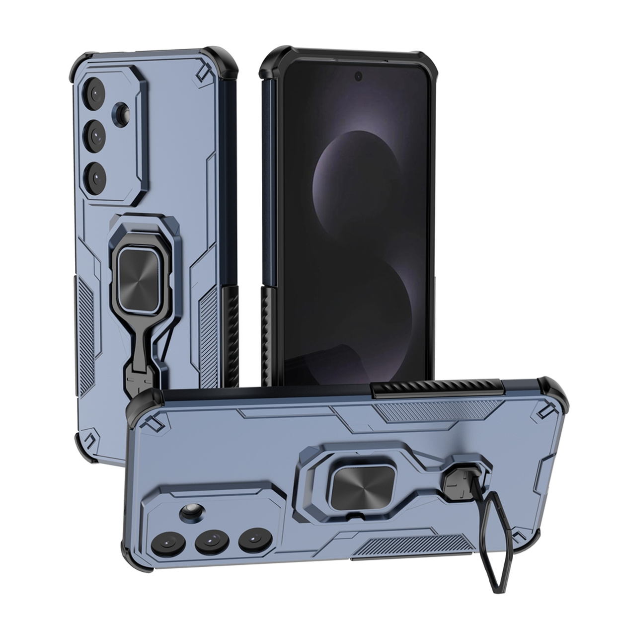 Trois coques de téléphone bleues. Une avec téléphone à l'intérieur. Chaque coque a un porte-anneau. Fond blanc.