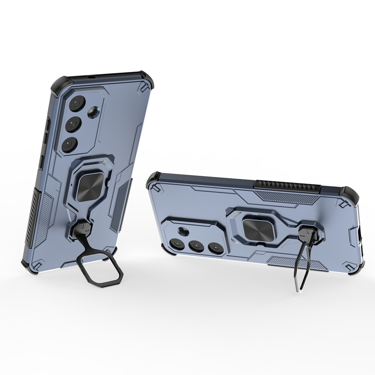 Deux coques de téléphone bleues avec des supports en anneau. L'une est debout, l'autre est à plat. Les deux ont des accents noirs et des découpes pour l'appareil photo.