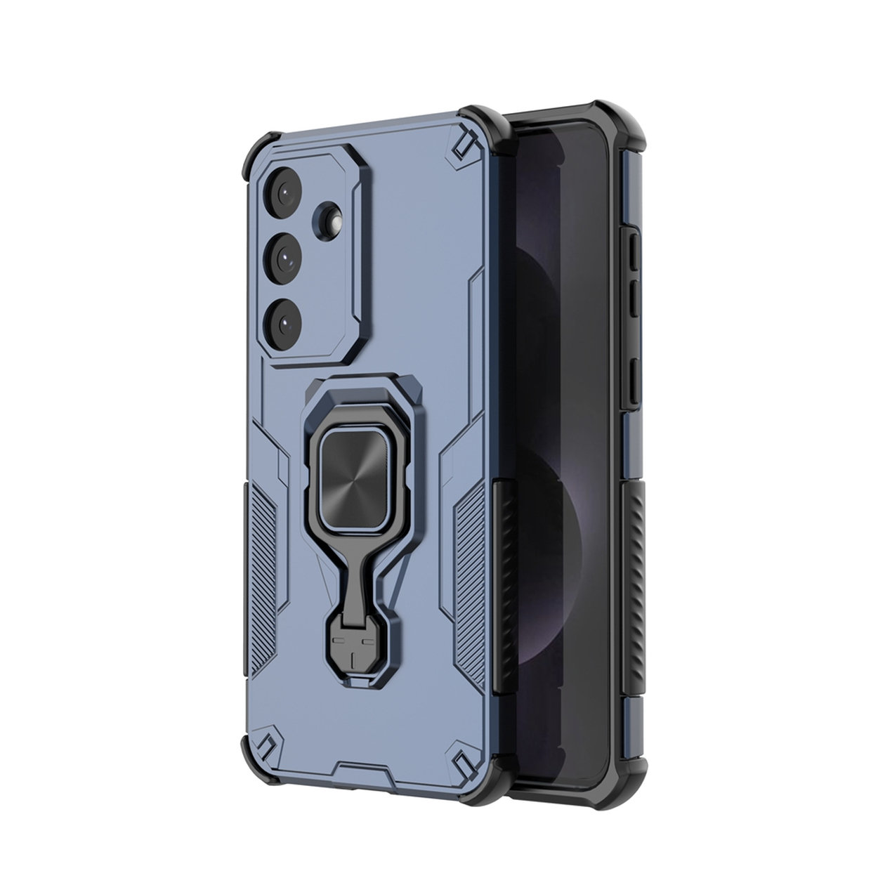 Une coque de téléphone bleue avec un téléphone noir à l'intérieur. L'étui a un support de bague et trois lentilles de caméra.
